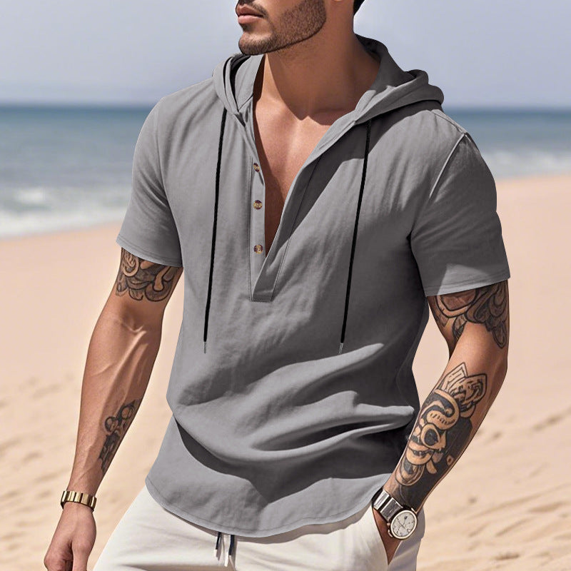 Men's Linen Hooded Henley Shirt — Casual Breathable Short-Sleeve Summer Top