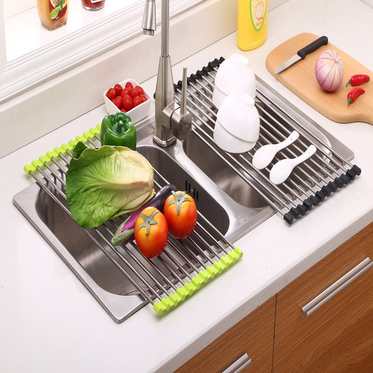 Roll-Up Over-Sink Drying Rack — Foldable Stainless Steel Dish & Vegetable Drainer