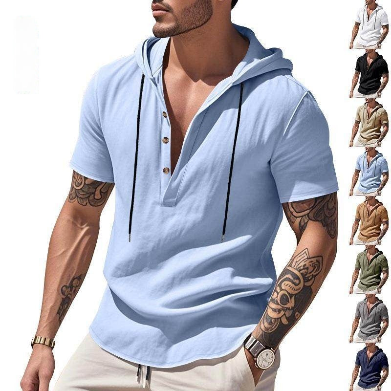 Men's Linen Hooded Henley Shirt — Casual Breathable Short-Sleeve Summer Top