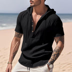 Camisa Henley con Capucha de Lino para Hombre — Top de Verano Casual Transpirable de Manga Corta
