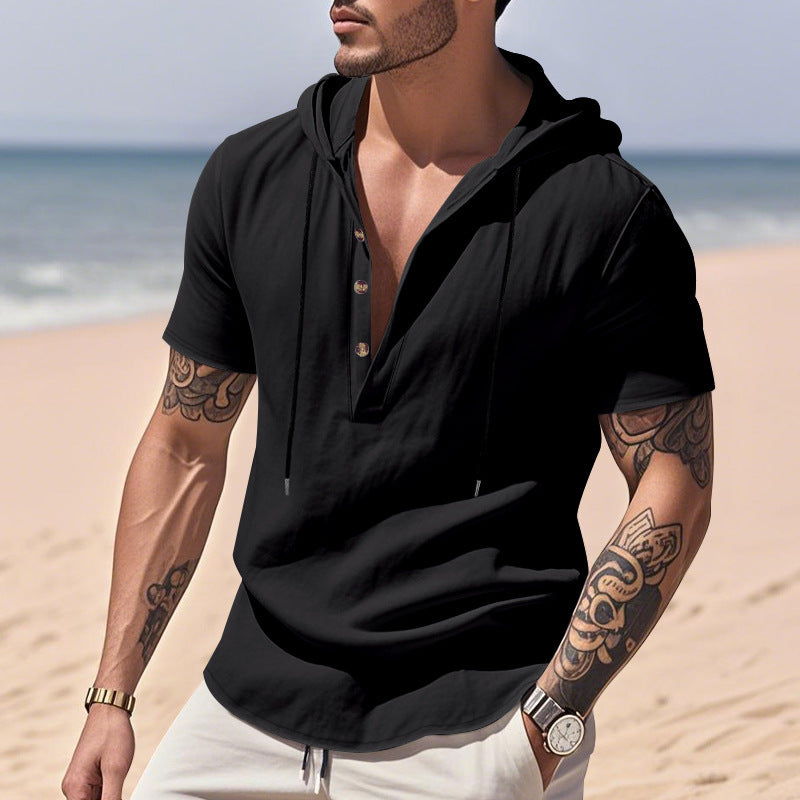 Men's Linen Hooded Henley Shirt — Casual Breathable Short-Sleeve Summer Top