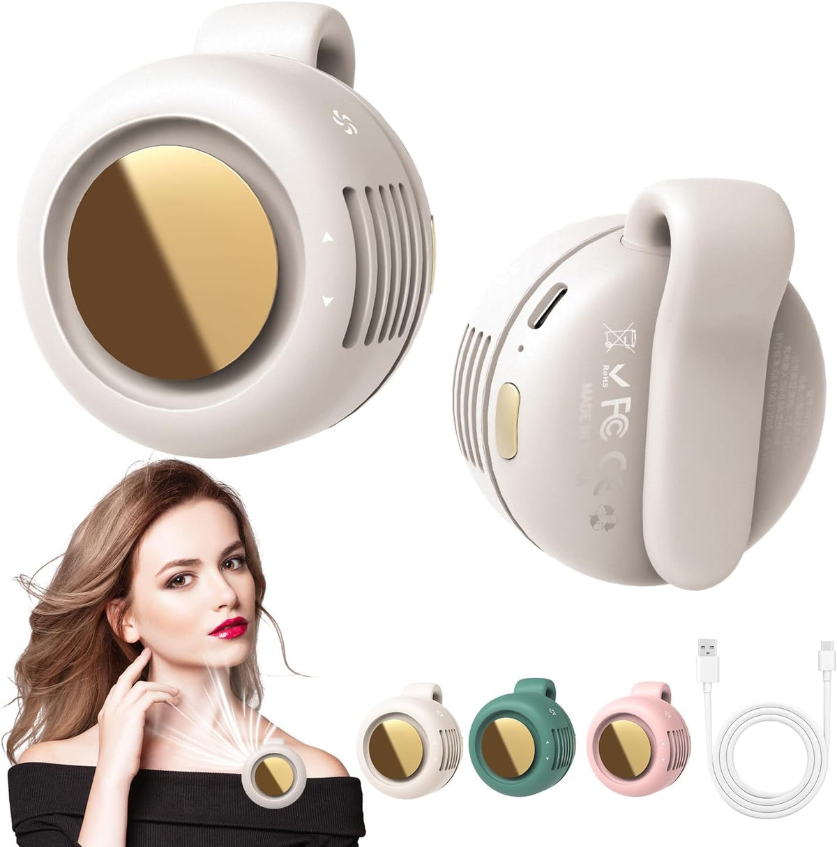 Mini ventilateur de cou sans pales avec miroir — porté, coloris et câble USB-C